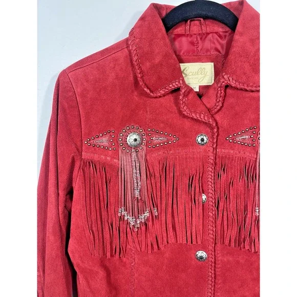 Scully Red Suede Leather Jacket Fringe Concho Beaded Medium Womens Western Wear - Picture 6 of 16